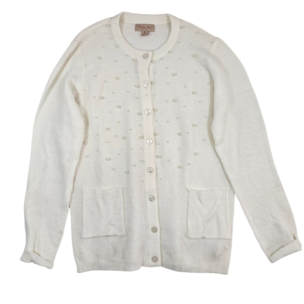 Turtle Bay New York Cream Pearl Embellished Cardigan Sweater Womens Medium Ivory